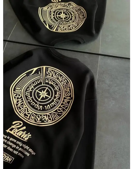 SBRD- Kadın 3 İplik Pamuklu Bisiklet Yaka Baskılı Sweatshirt - Siyah