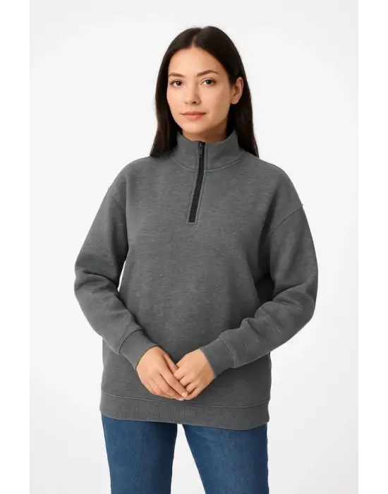SBRD- Kadın 3 İplik Pamuklu Dık Yaka Yarım Fermuarlı Sweatshirt - Antrasit