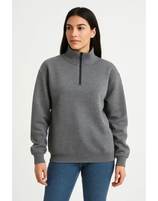 SBRD- Kadın 3 İplik Pamuklu Dık Yaka Yarım Fermuarlı Sweatshirt - Antrasit