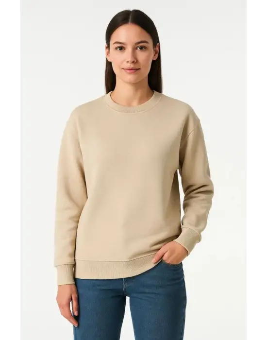 SBRD- Kadın 3 İplik Pamuklu Düz Bisiklet Yaka Sweatshirt - Bej
