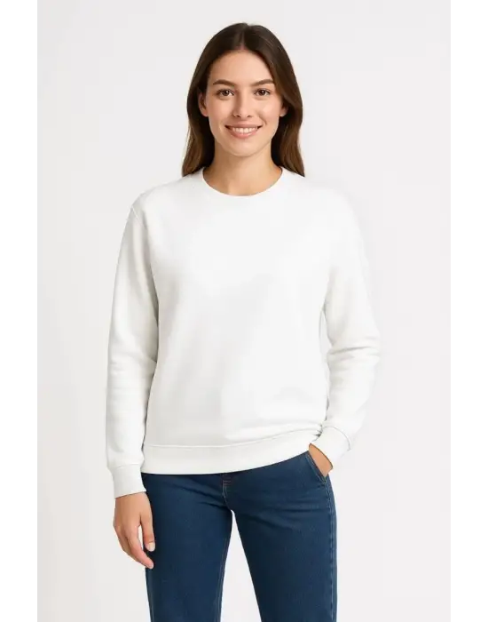 SBRD- Kadın 3 İplik Pamuklu Düz Bisiklet Yaka Sweatshirt - Beyaz