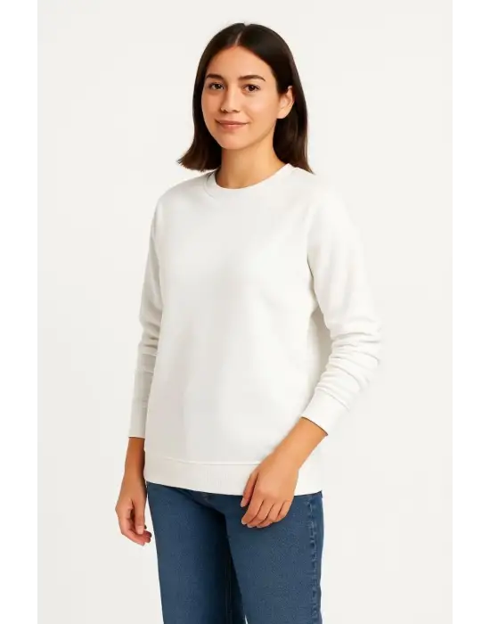 SBRD- Kadın 3 İplik Pamuklu Düz Bisiklet Yaka Sweatshirt - Beyaz