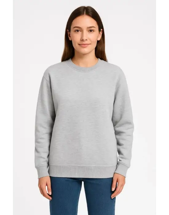SBRD- Kadın 3 İplik Pamuklu Düz Bisiklet Yaka Sweatshirt - Gri