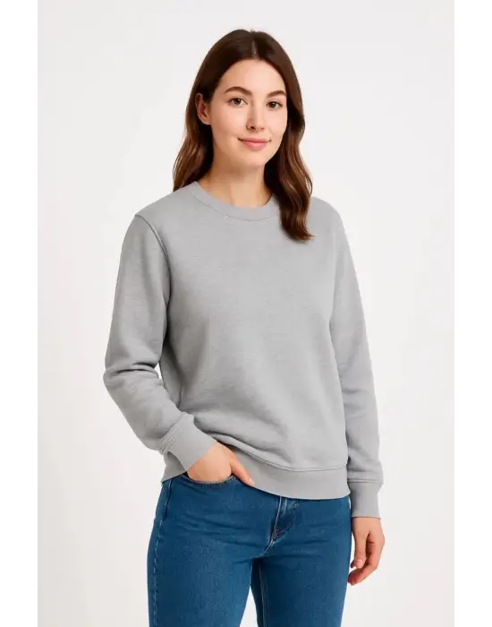 SBRD- Kadın 3 İplik Pamuklu Düz Bisiklet Yaka Sweatshirt - Gri