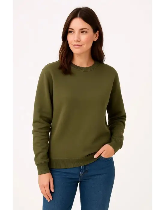 SBRD- Kadın 3 İplik Pamuklu Düz Bisiklet Yaka Sweatshirt - Haki