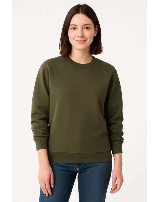 SBRD- Kadın 3 İplik Pamuklu Düz Bisiklet Yaka Sweatshirt - Haki