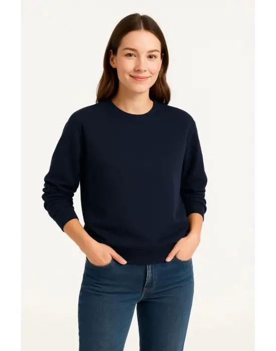 SBRD- Kadın 3 İplik Pamuklu Düz Bisiklet Yaka Sweatshirt - Lacivert