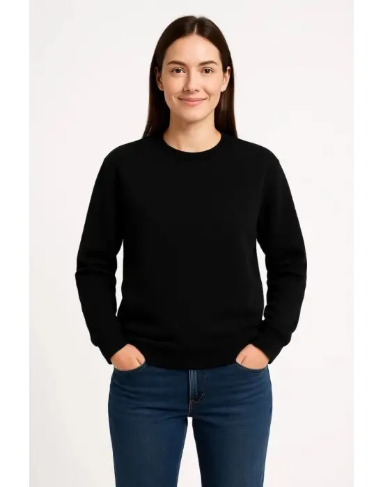 SBRD- Kadın 3 İplik Pamuklu Düz Bisiklet Yaka Sweatshirt - Siyah