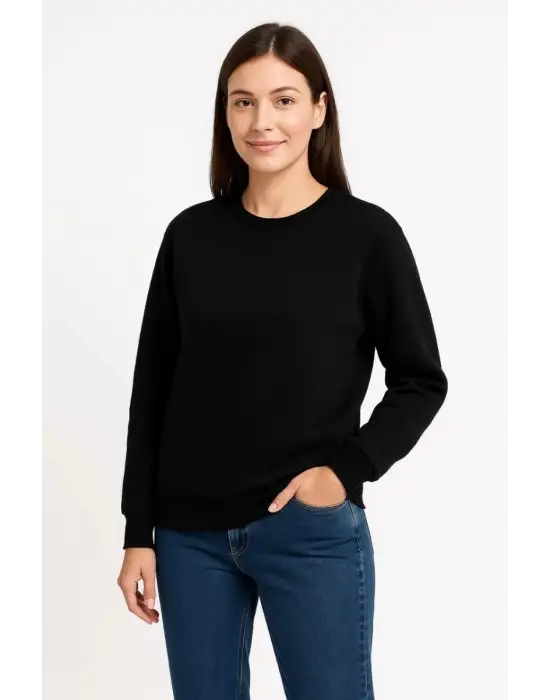 SBRD- Kadın 3 İplik Pamuklu Düz Bisiklet Yaka Sweatshirt - Siyah
