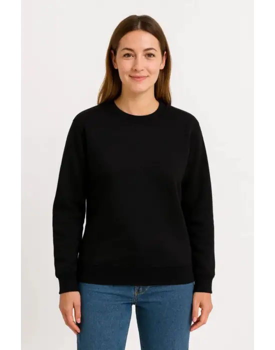 SBRD- Kadın 3 İplik Pamuklu Düz Bisiklet Yaka Sweatshirt - Siyah