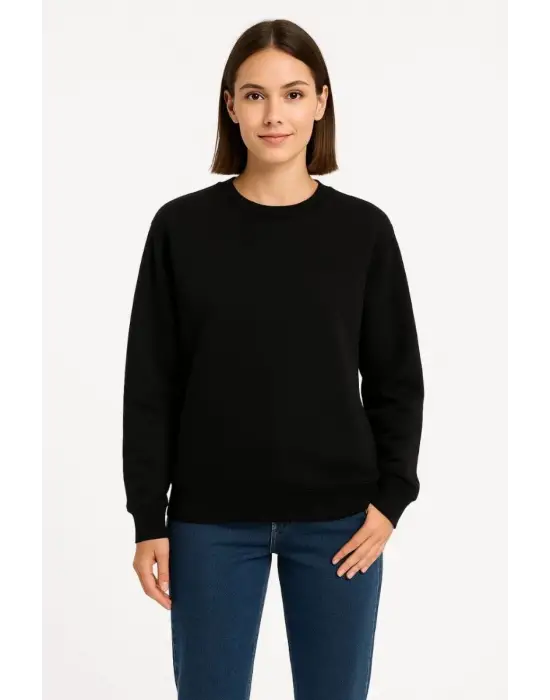 SBRD- Kadın 3 İplik Pamuklu Düz Bisiklet Yaka Sweatshirt - Siyah
