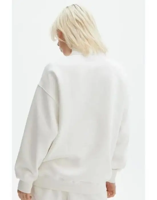 SBRD- Kadın 3 İplik Pamuklu Oversize Yarım Fermuarlı Yakalı Basic Sweatshirt - Beyaz
