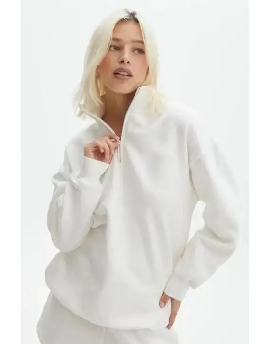 SBRD- Kadın 3 İplik Pamuklu Oversize Yarım Fermuarlı Yakalı Basic Sweatshirt - Beyaz