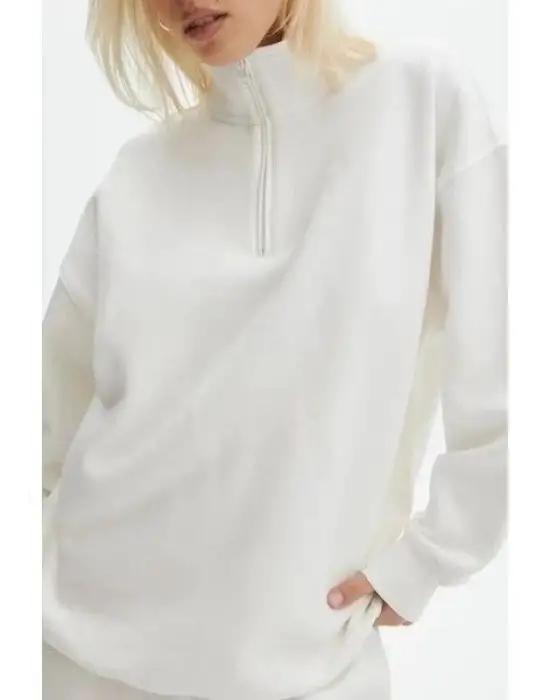 SBRD- Kadın 3 İplik Pamuklu Oversize Yarım Fermuarlı Yakalı Basic Sweatshirt - Beyaz