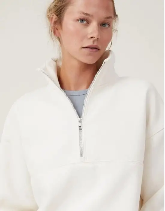 SBRD- Kadın 3 İplik Pamuklu Oversize Yarım Fermuarlı Yakalı Basic Sweatshirt - Beyaz