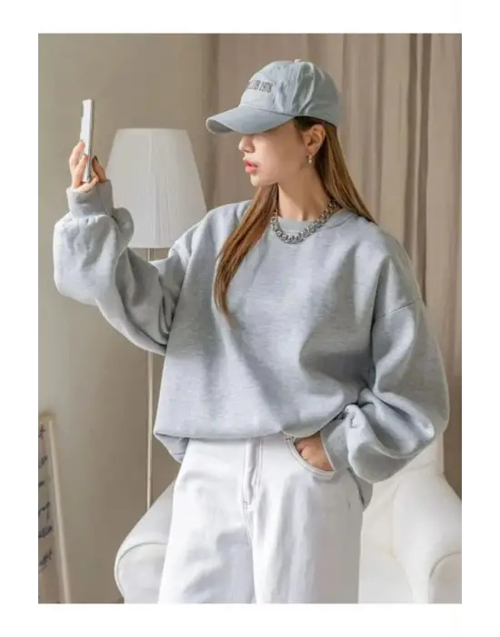 SBRD- Kadın 3 İplik Pamuklu Oversize Yarım Fermuarlı Yakalı Basic Sweatshirt - Gri