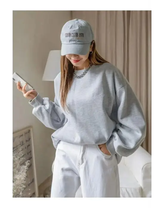 SBRD- Kadın 3 İplik Pamuklu Oversize Yarım Fermuarlı Yakalı Basic Sweatshirt - Gri
