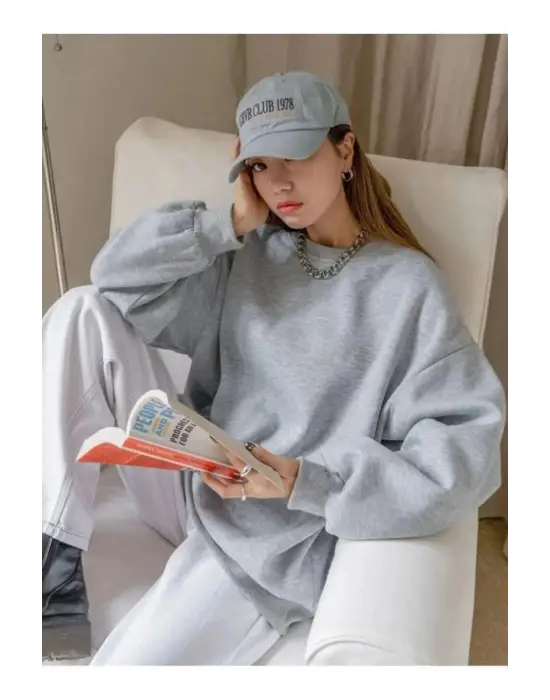 SBRD- Kadın 3 İplik Pamuklu Oversize Yarım Fermuarlı Yakalı Basic Sweatshirt - Gri