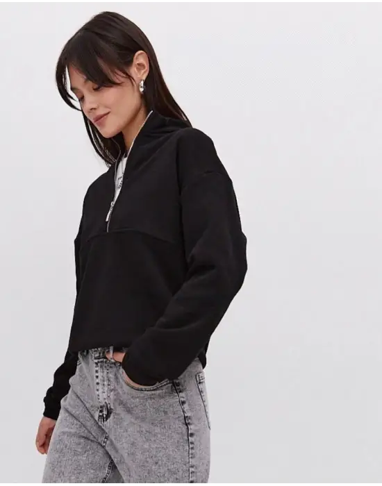 SBRD- Kadın 3 İplik Pamuklu Oversize Yarım Fermuarlı Yakalı Basic Sweatshirt - Siyah
