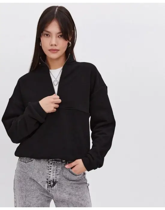 SBRD- Kadın 3 İplik Pamuklu Oversize Yarım Fermuarlı Yakalı Basic Sweatshirt - Siyah