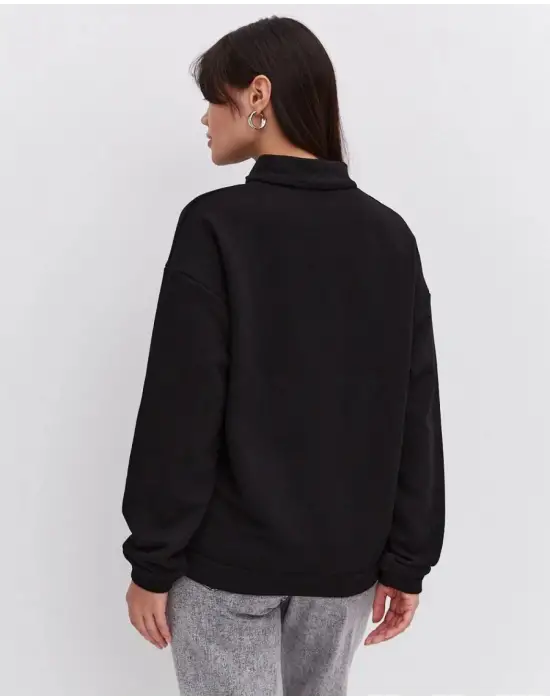 SBRD- Kadın 3 İplik Pamuklu Oversize Yarım Fermuarlı Yakalı Basic Sweatshirt - Siyah