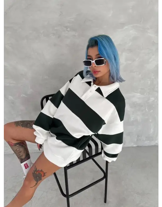 SBRD- Kadın 3 İplik Pamuklu Parçalı Yakalı Sweatshirt - Yeşil