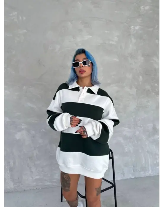 SBRD- Kadın 3 İplik Pamuklu Parçalı Yakalı Sweatshirt - Yeşil
