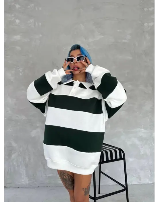 SBRD- Kadın 3 İplik Pamuklu Parçalı Yakalı Sweatshirt - Yeşil