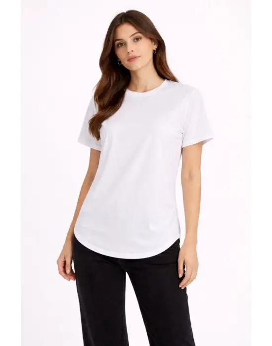 SBRD- Kadın Basic T-shirt Kısa Kol Bisiklet Yaka Oval Kesim Tişört - Beyaz