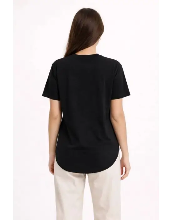 SBRD- Kadın Basic T-shirt Kısa Kol Bisiklet Yaka Oval Kesim Tişört - Siyah