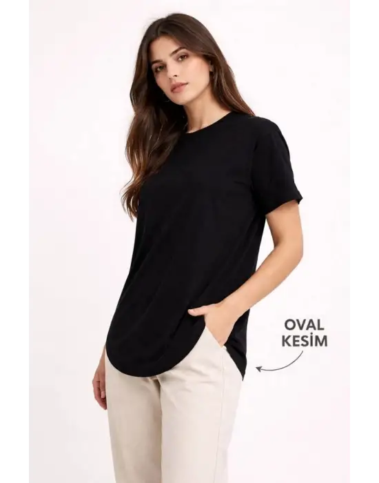 SBRD- Kadın Basic T-shirt Kısa Kol Bisiklet Yaka Oval Kesim Tişört - Siyah