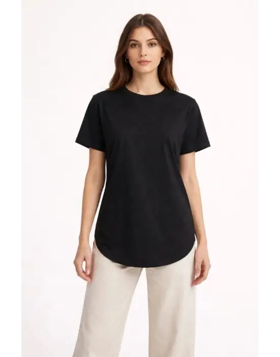 SBRD- Kadın Basic T-shirt Kısa Kol Bisiklet Yaka Oval Kesim Tişört - Siyah