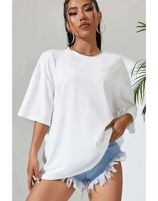 SBRD- Kadın Baskılı Oversize Kısa Kol T-shirt - Beyaz