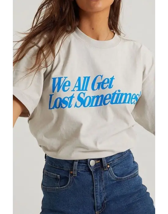 SBRD- Kadın Baskılı Oversize Kısa Kol T-shirt - Beyaz
