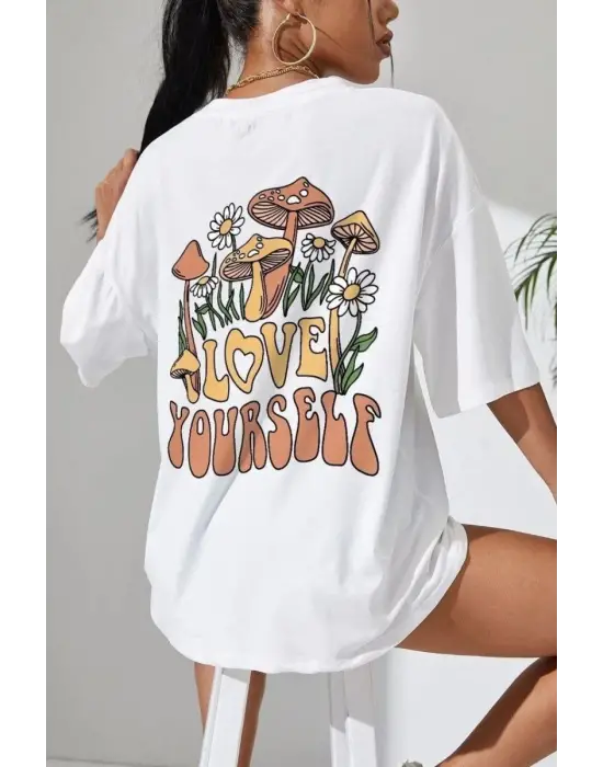 SBRD- Kadın Baskılı Oversize Kısa Kol T-shirt - Beyaz