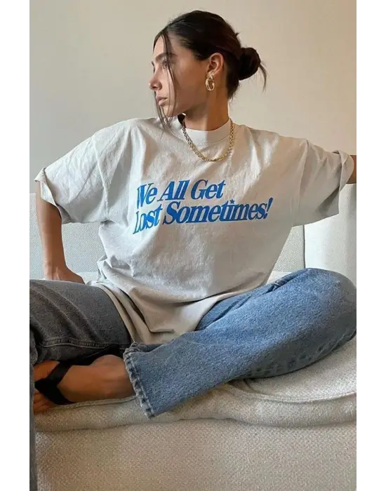 SBRD- Kadın Baskılı Oversize Kısa Kol T-shirt - Beyaz