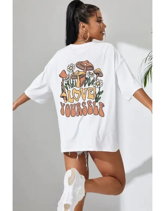 SBRD- Kadın Baskılı Oversize Kısa Kol T-shirt - Beyaz