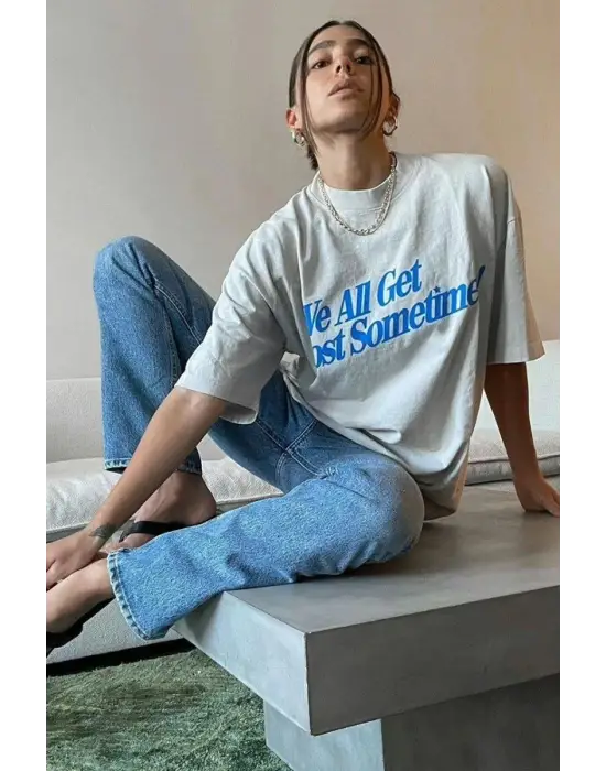 SBRD- Kadın Baskılı Oversize Kısa Kol T-shirt - Beyaz