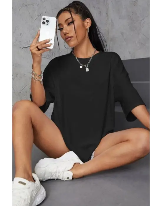 SBRD- Kadın Baskılı Oversize Kısa Kol T-shirt - Siyah