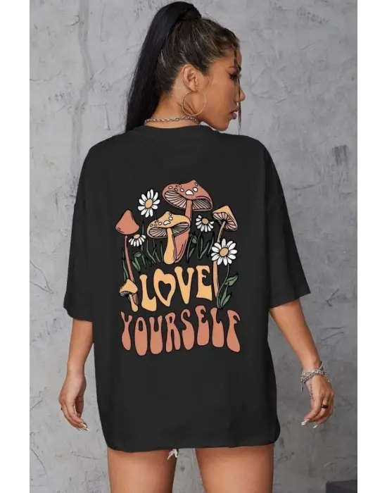 SBRD- Kadın Baskılı Oversize Kısa Kol T-shirt - Siyah