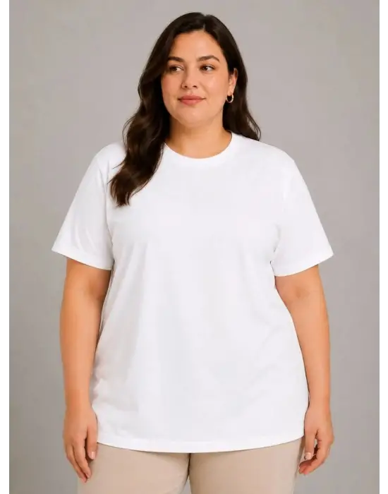 SBRD- Kadın Battal Big Size Basic Tişört Bisiklet Yaka Rahat Kalıp T-shirt - Beyaz