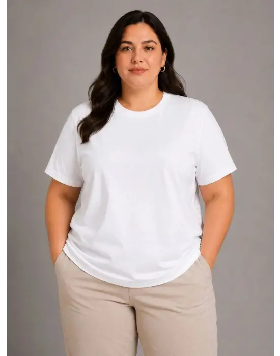 SBRD- Kadın Battal Big Size Basic Tişört Bisiklet Yaka Rahat Kalıp T-shirt - Beyaz