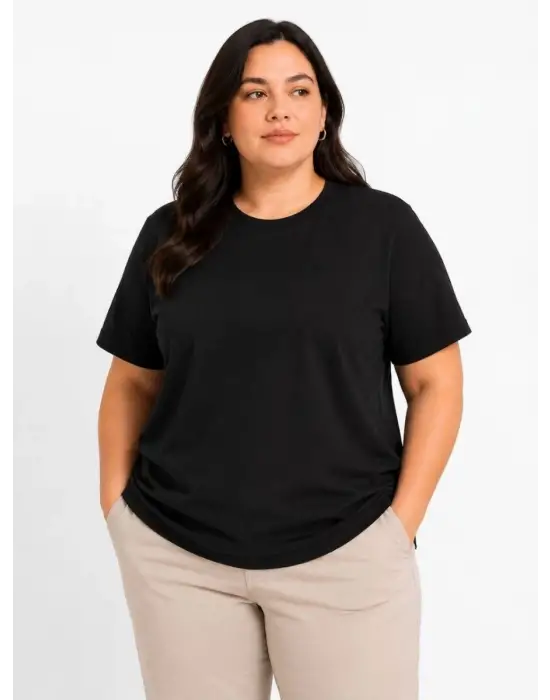 SBRD- Kadın Battal Big Size Basic Tişört Bisiklet Yaka Rahat Kalıp T-shirt - Siyah
