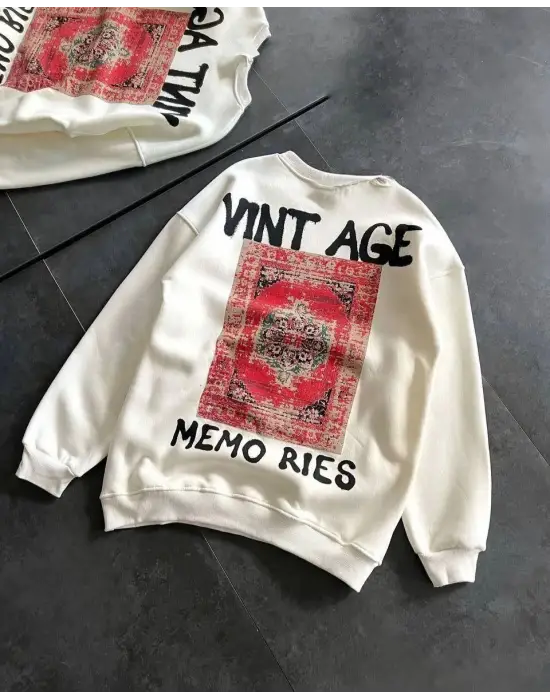 SBRD- Kadın Bisiklet Yaka 3 İplik Baskılı Oversize Sweatshirt - Beyaz