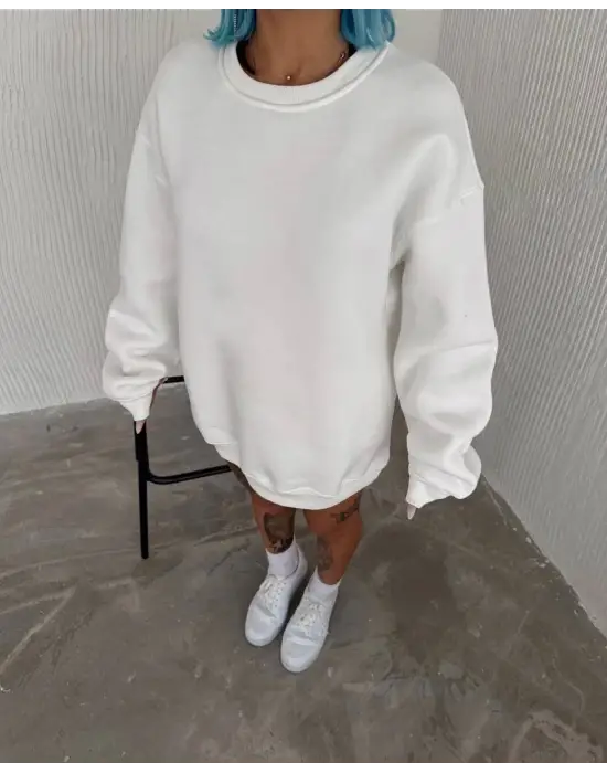 SBRD- Kadın Bisiklet Yaka 3 İplik Pamuklu Basic Sweatshirt - Beyaz