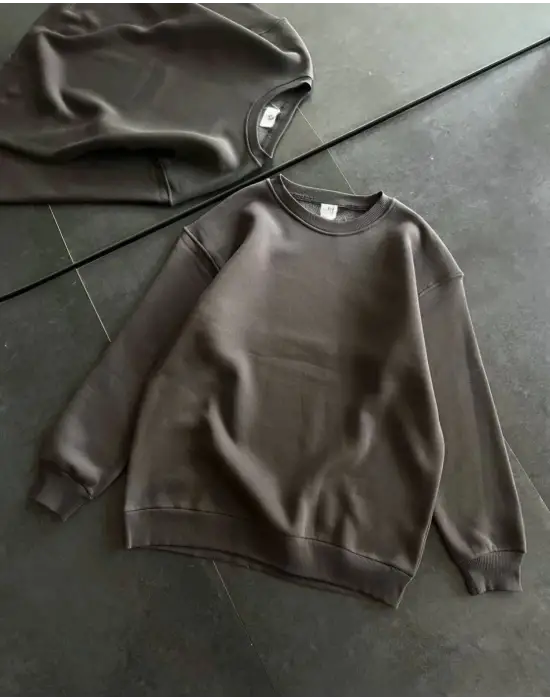 SBRD- Kadın Bisiklet Yaka 3 İplik Pamuklu Basic Sweatshirt - Füme