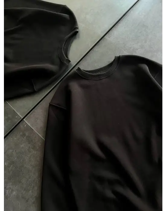 SBRD- Kadın Bisiklet Yaka 3 İplik Pamuklu Basic Sweatshirt - Siyah