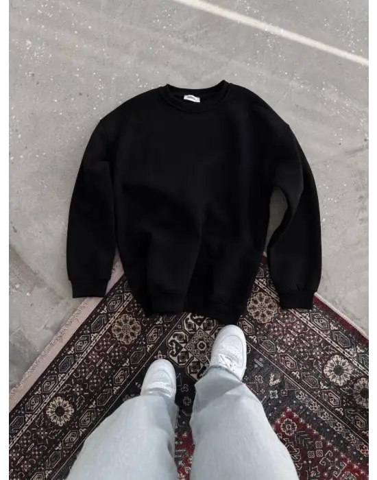 SBRD- Kadın Bisiklet Yaka 3 İplik Pamuklu Basic Sweatshirt - Siyah