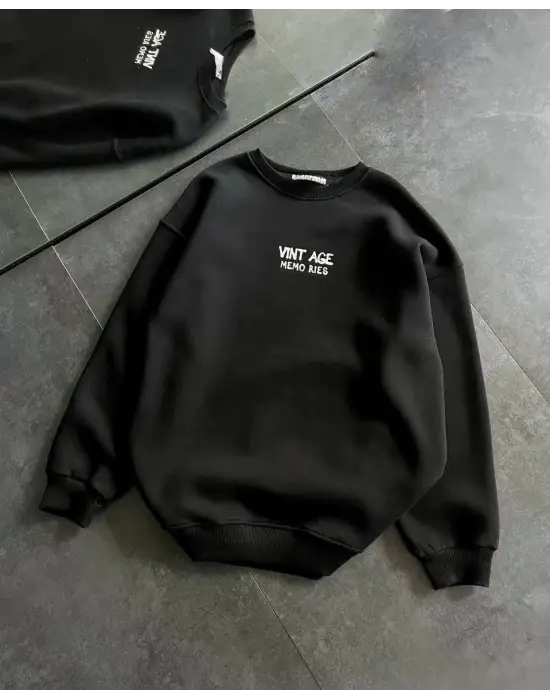 SBRD- Kadın Bisiklet Yaka 3 İplik Pamuklu Baskılı Oversize Sweatshirt - Siyah