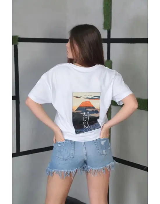 SBRD- Kadın Bisiklet Yaka Baskılı Kısa Kol Oversize T-shirt- Beyaz